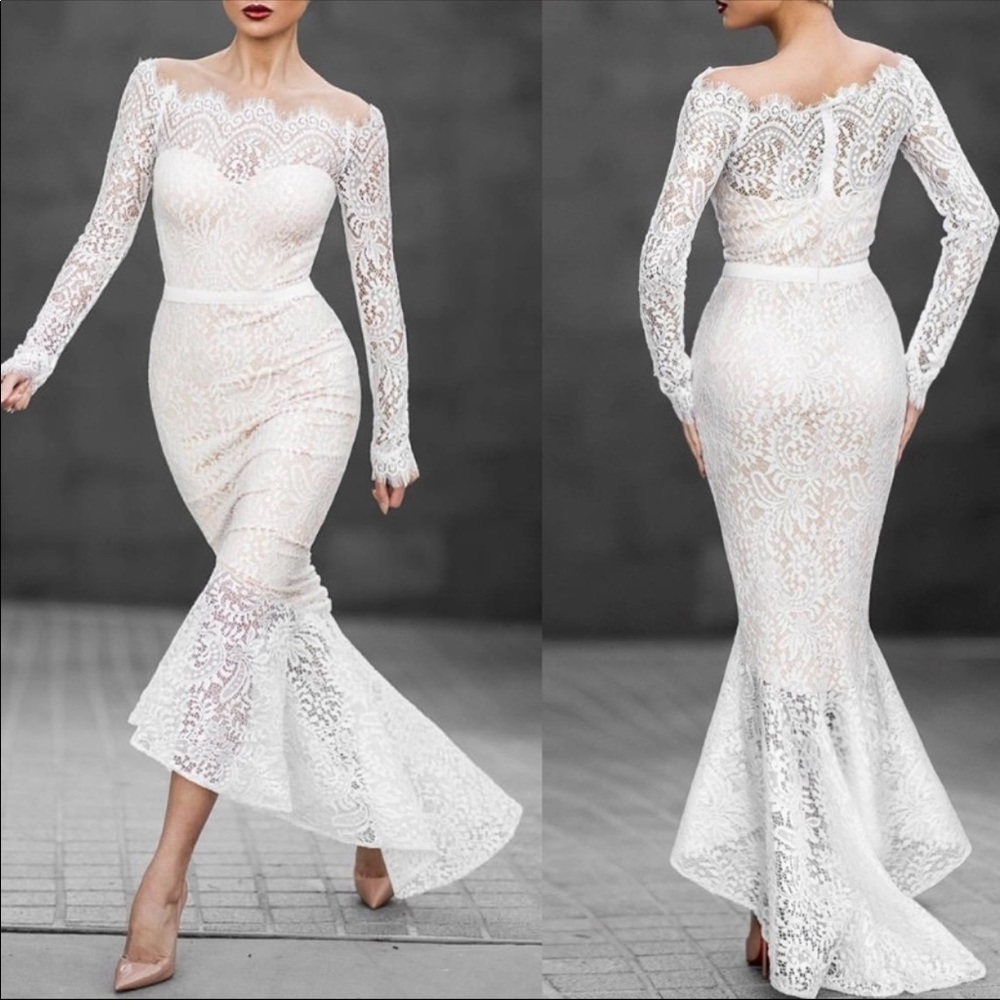 LAST 1! White Off Shoulder Mermaid Lace Dress - Picture 2 of 8